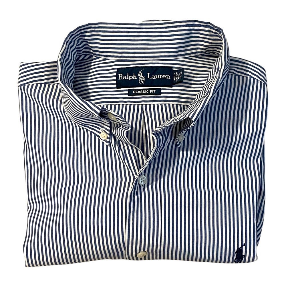 Polo Ralph Lauren Blue Striped Men L/S Button-Down Shirt  16.5/34-35 Classic Fit
